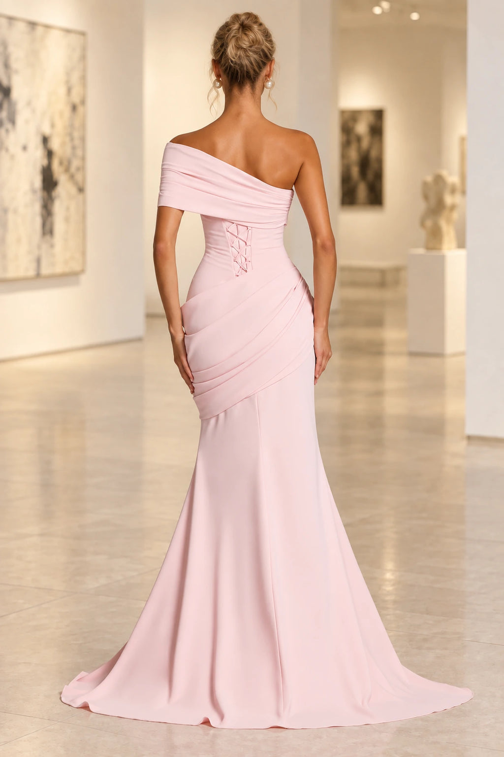 Graceprom blush lace up back elegant formal evening dress back view