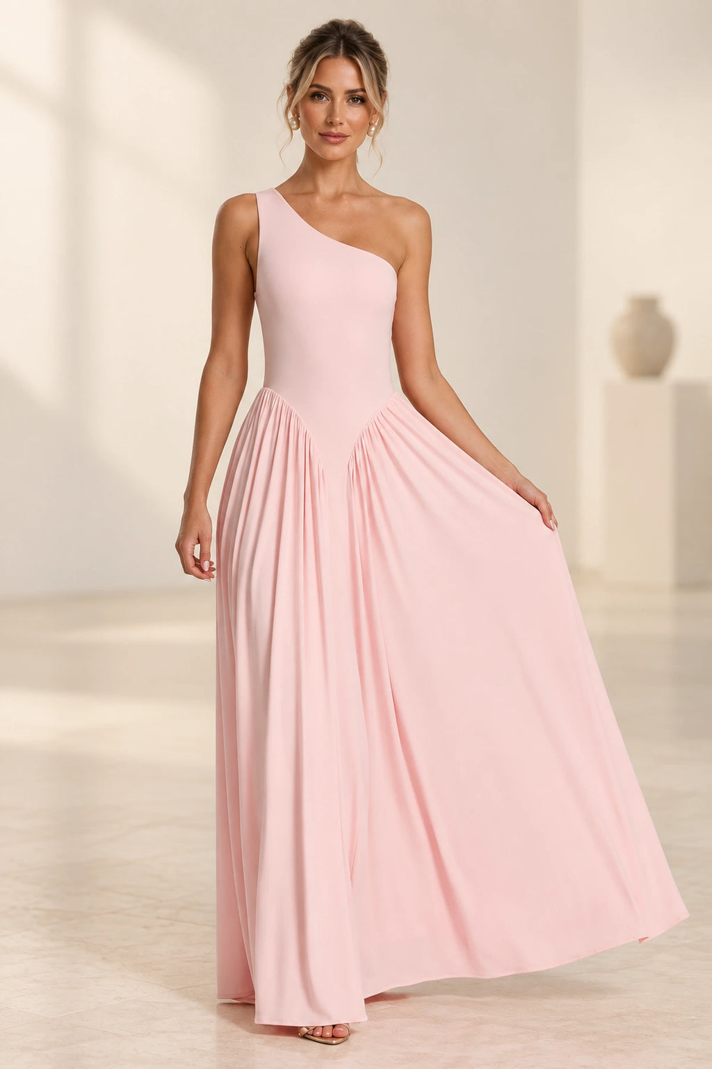 Blush pink one shoulder A-line floor length bridesmaid dress front view by Graceprom