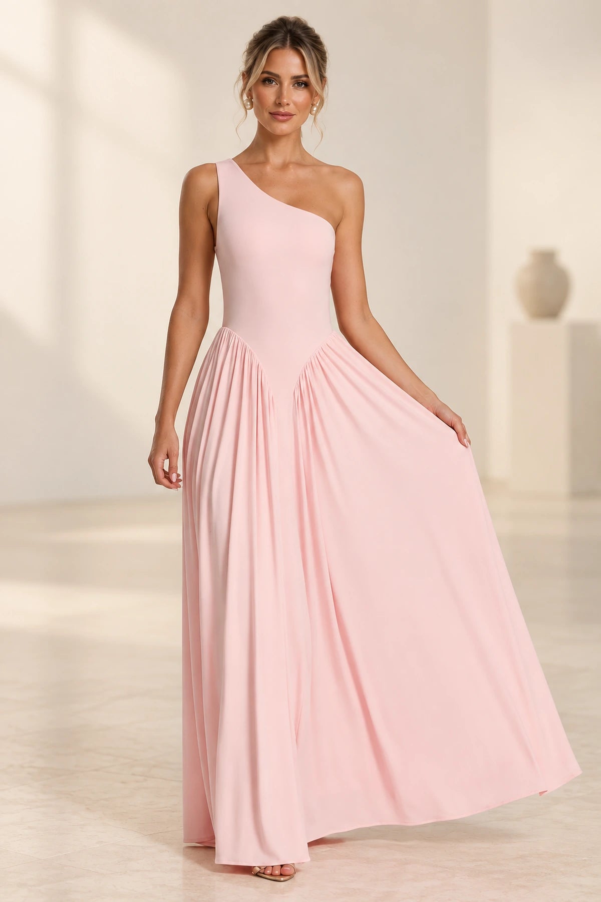 Blush pink one shoulder A-line floor length bridesmaid dress front view by Graceprom