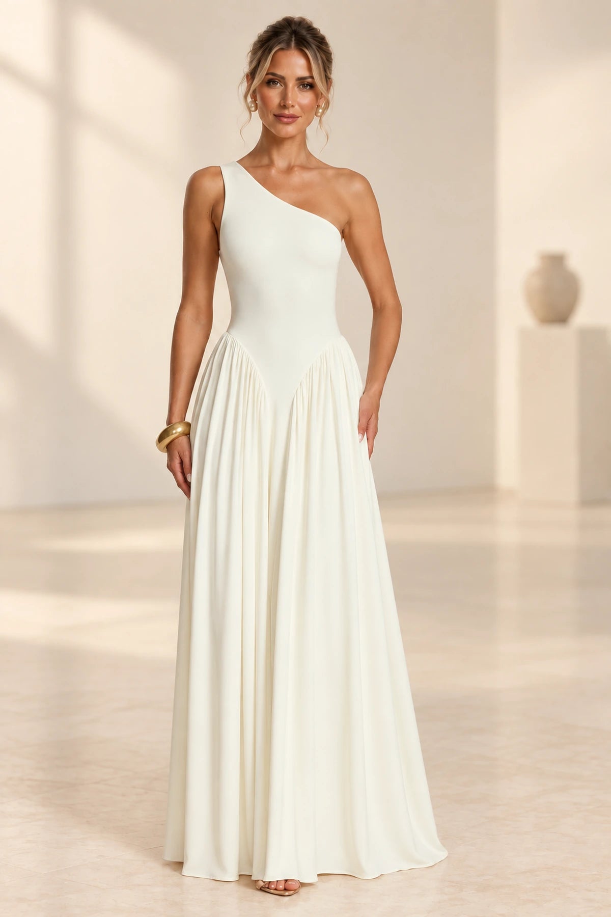 Romantic A-Line One Shoulder Sleeveless Open Back Floor Length Bridesmaid Dress