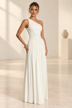 Romantic A-Line One Shoulder Sleeveless Open Back Floor Length Bridesmaid Dress