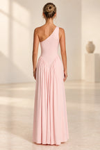Blush pink one shoulder floor length bridesmaid dress back view with V waist by Graceprom