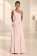 Romantic A-Line One Shoulder Sleeveless Open Back Floor Length Bridesmaid Dress