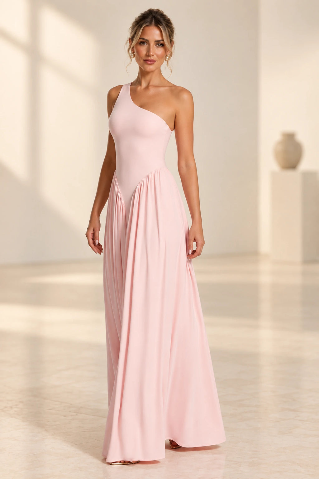 Romantic A-Line One Shoulder Sleeveless Open Back Floor Length Bridesmaid Dress