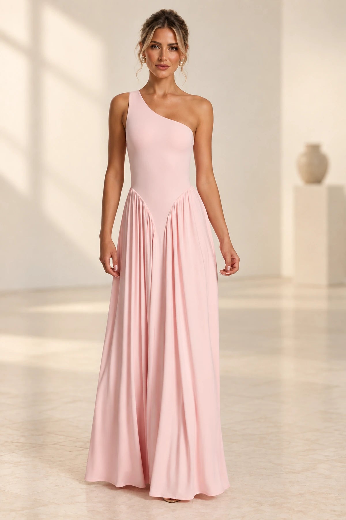 Romantic A-Line One Shoulder Sleeveless Open Back Floor Length Bridesmaid Dress