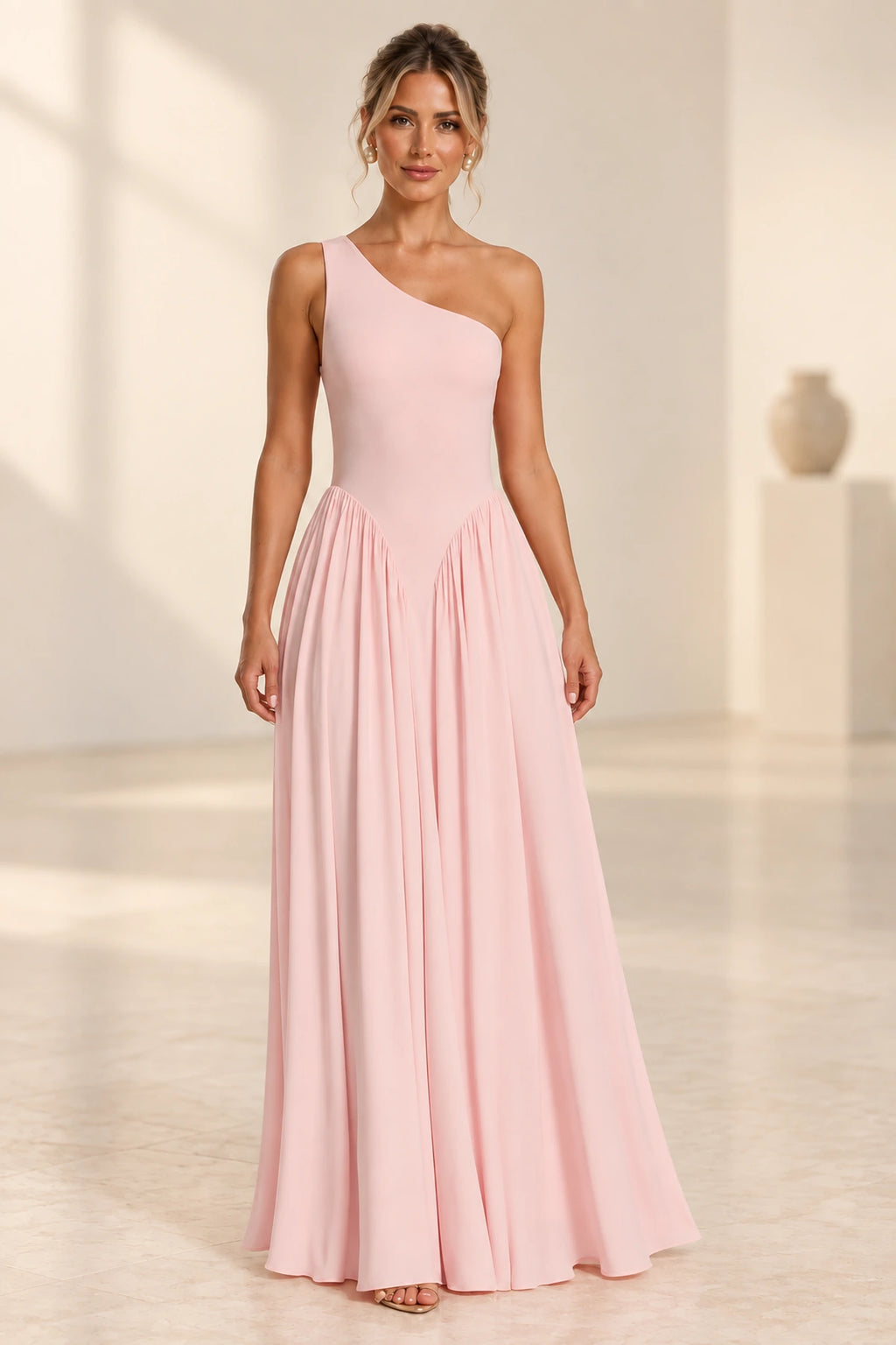 Romantic A-Line One Shoulder Sleeveless Open Back Floor Length Bridesmaid Dress