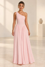 Romantic A-Line One Shoulder Sleeveless Open Back Floor Length Bridesmaid Dress