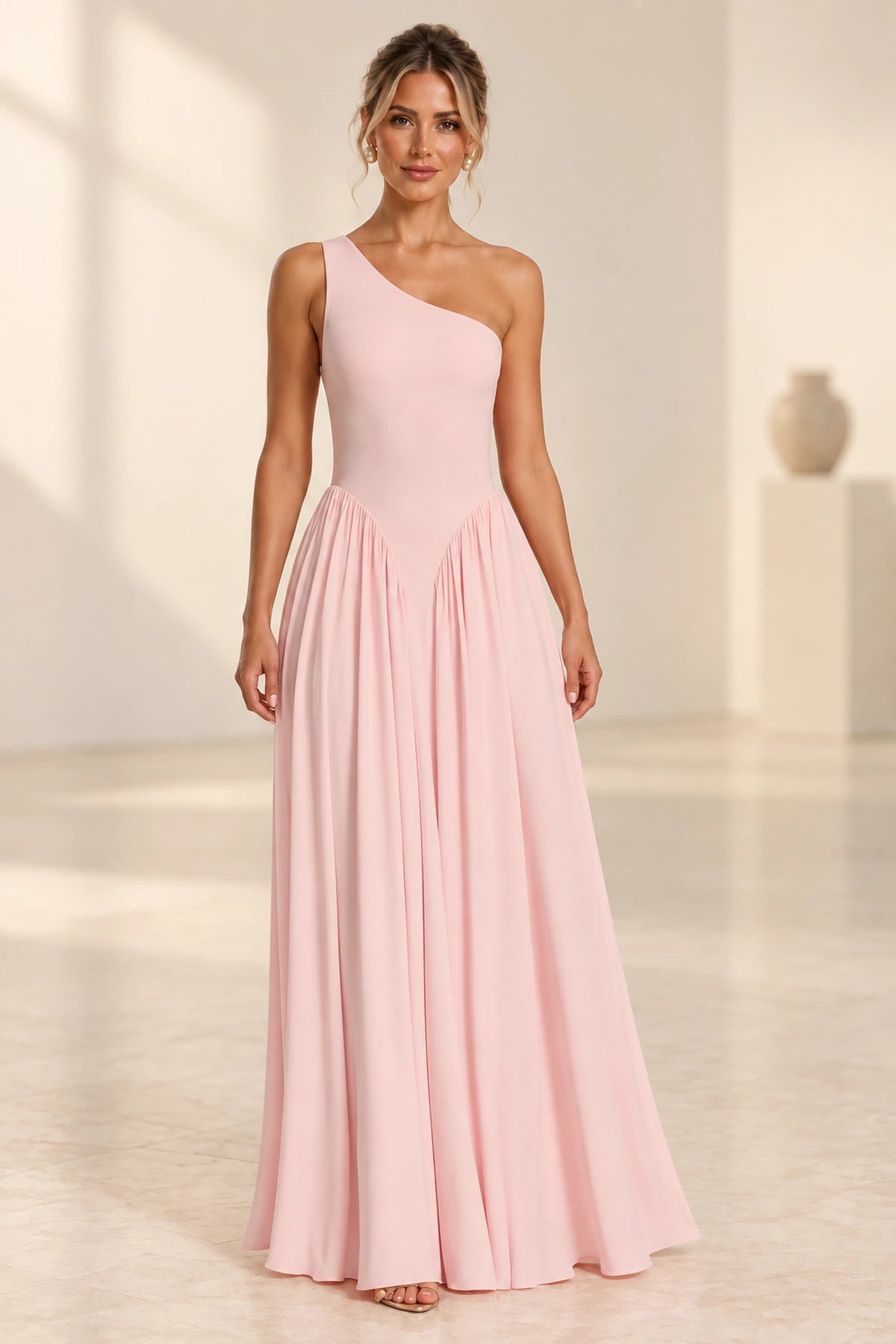 Romantic A-Line One Shoulder Sleeveless Open Back Floor Length Bridesmaid Dress