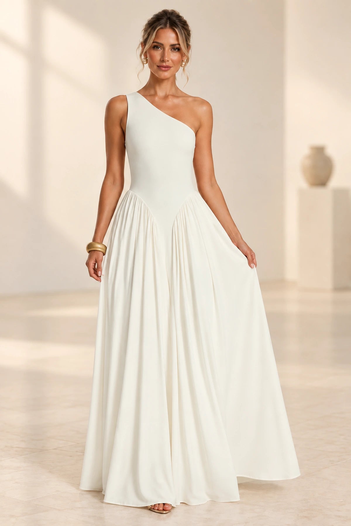 Romantic A-Line One Shoulder Sleeveless Open Back Floor Length Bridesmaid Dress