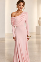 Back view of blush bridesmaid dress with asymmetric shoulder and draped back detail by Graceprom