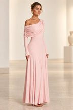 Elegant A-Line Asymmetric Neckline Long-Sleeve Draped-Back Floor-Length Blush Bridesmaid Dress