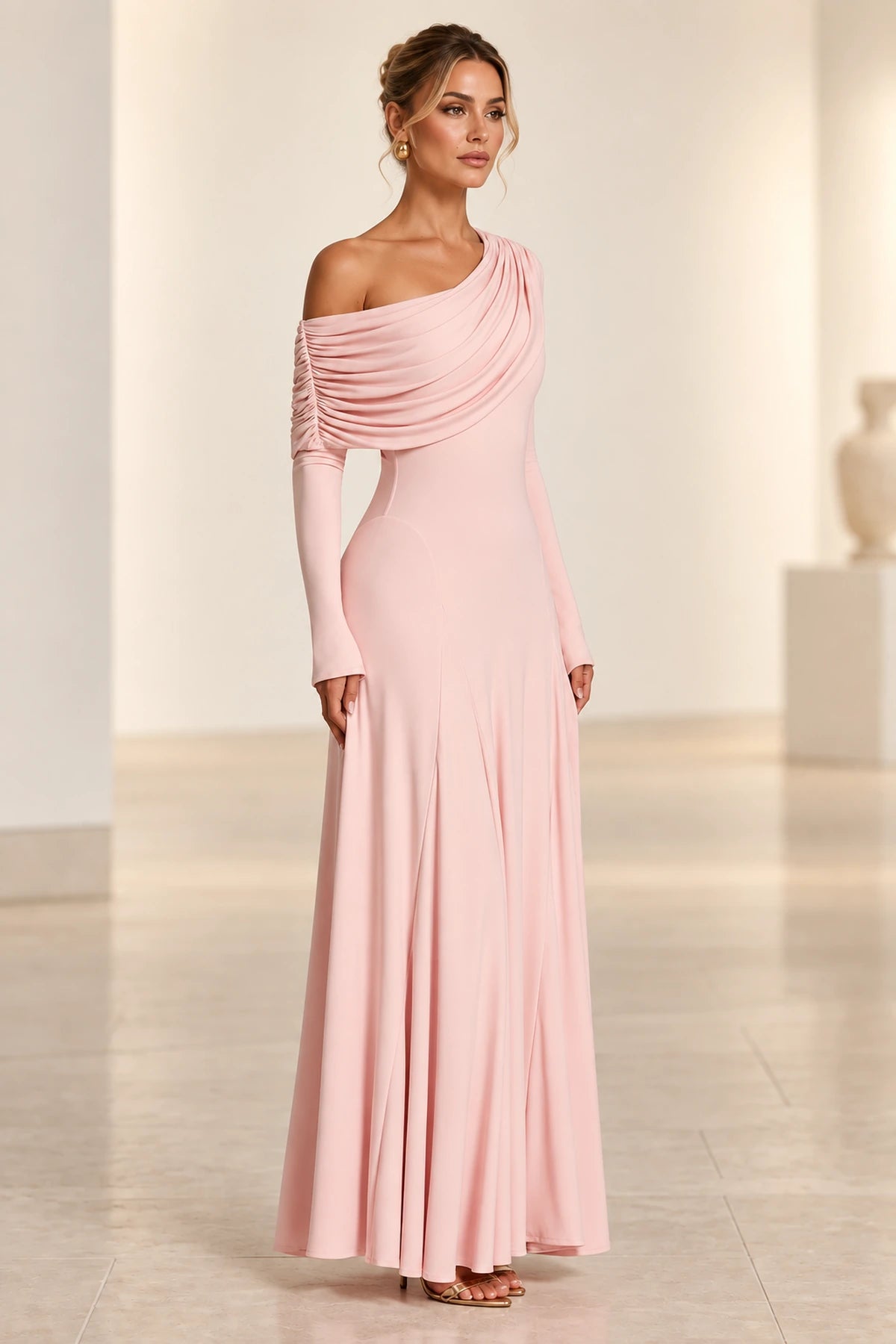 Elegant A-Line Asymmetric Neckline Long-Sleeve Draped-Back Floor-Length Blush Bridesmaid Dress