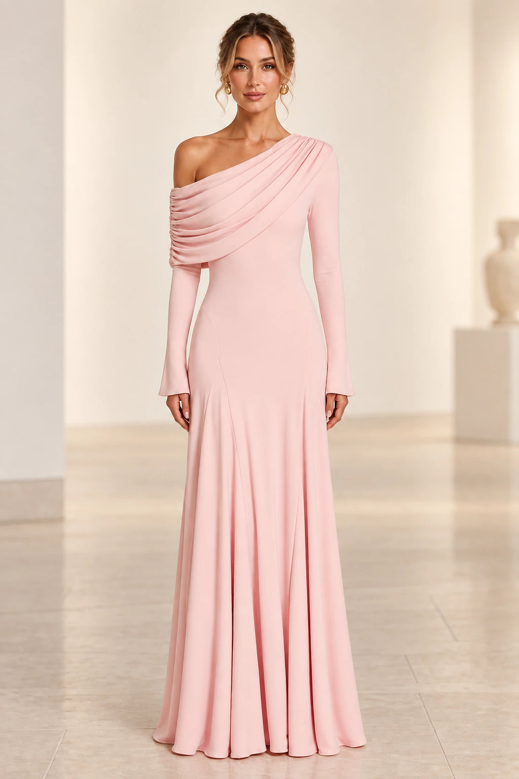 Elegant A-Line Asymmetric Neckline Long-Sleeve Draped-Back Floor-Length Blush Bridesmaid Dress