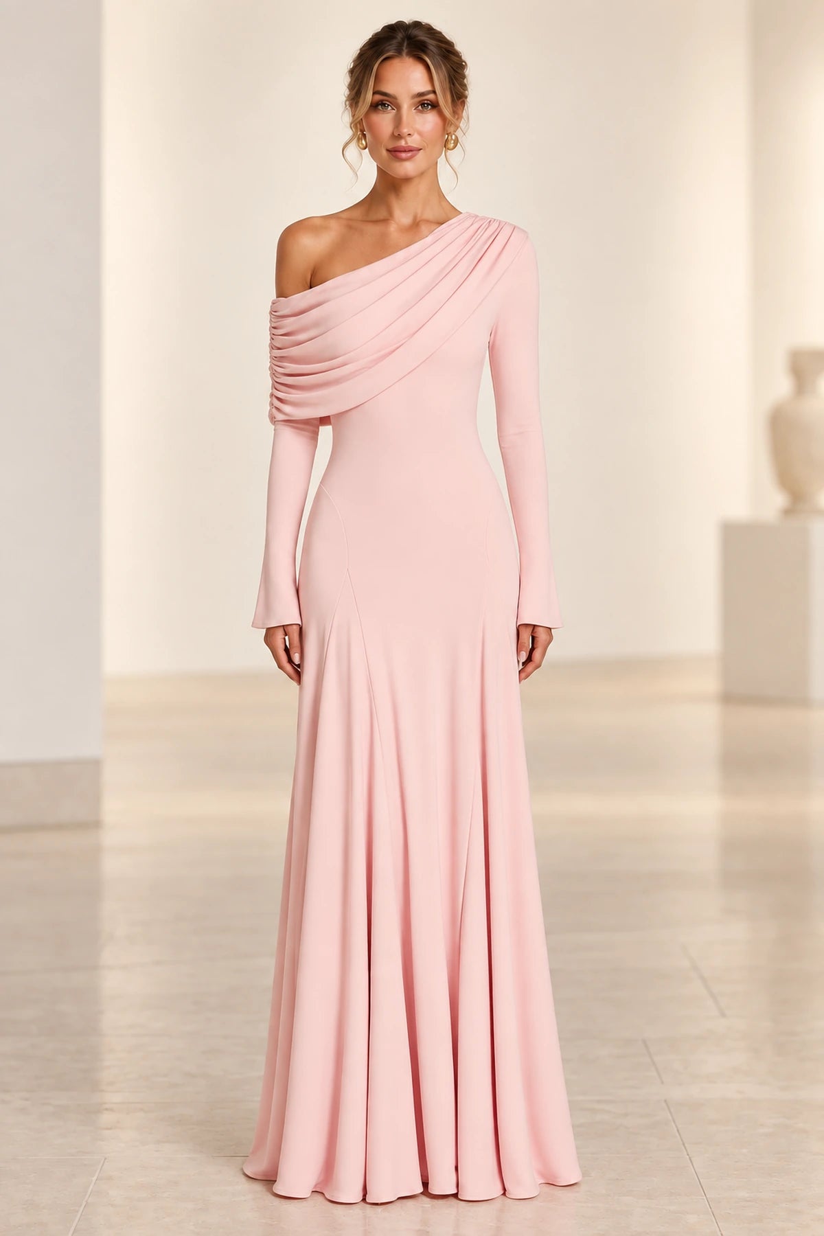 Elegant A-Line Asymmetric Neckline Long-Sleeve Draped-Back Floor-Length Blush Bridesmaid Dress