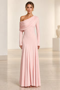 Blush one shoulder long sleeve floor length bridesmaid dress with draped neckline by Graceprom