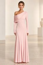 Blush one shoulder long sleeve floor length bridesmaid dress with draped neckline by Graceprom