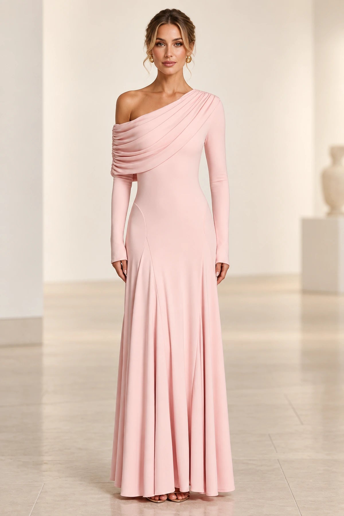 Blush one shoulder long sleeve floor length bridesmaid dress with draped neckline by Graceprom