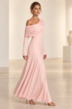 Elegant A-Line Asymmetric Neckline Long-Sleeve Draped-Back Floor-Length Blush Bridesmaid Dress