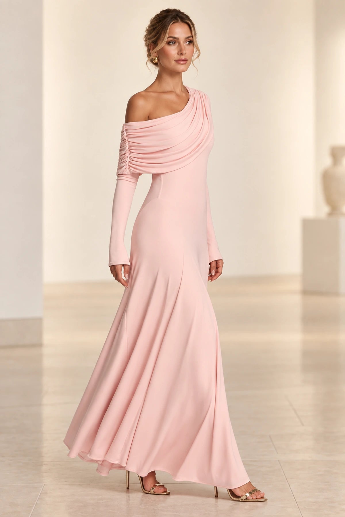 Elegant A-Line Asymmetric Neckline Long-Sleeve Draped-Back Floor-Length Blush Bridesmaid Dress