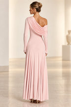 Elegant A-Line Asymmetric Neckline Long-Sleeve Draped-Back Floor-Length Blush Bridesmaid Dress