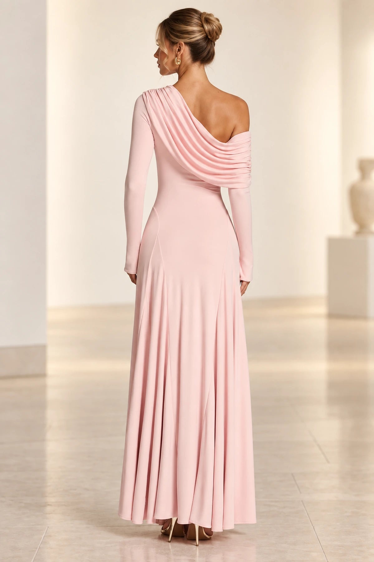 Elegant A-Line Asymmetric Neckline Long-Sleeve Draped-Back Floor-Length Blush Bridesmaid Dress