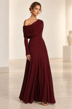 Elegant A-Line Asymmetric Neckline Long-Sleeve Draped-Back Floor-Length Blush Bridesmaid Dress