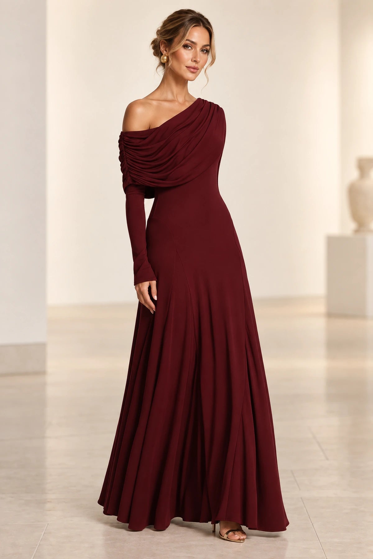 Elegant A-Line Asymmetric Neckline Long-Sleeve Draped-Back Floor-Length Blush Bridesmaid Dress