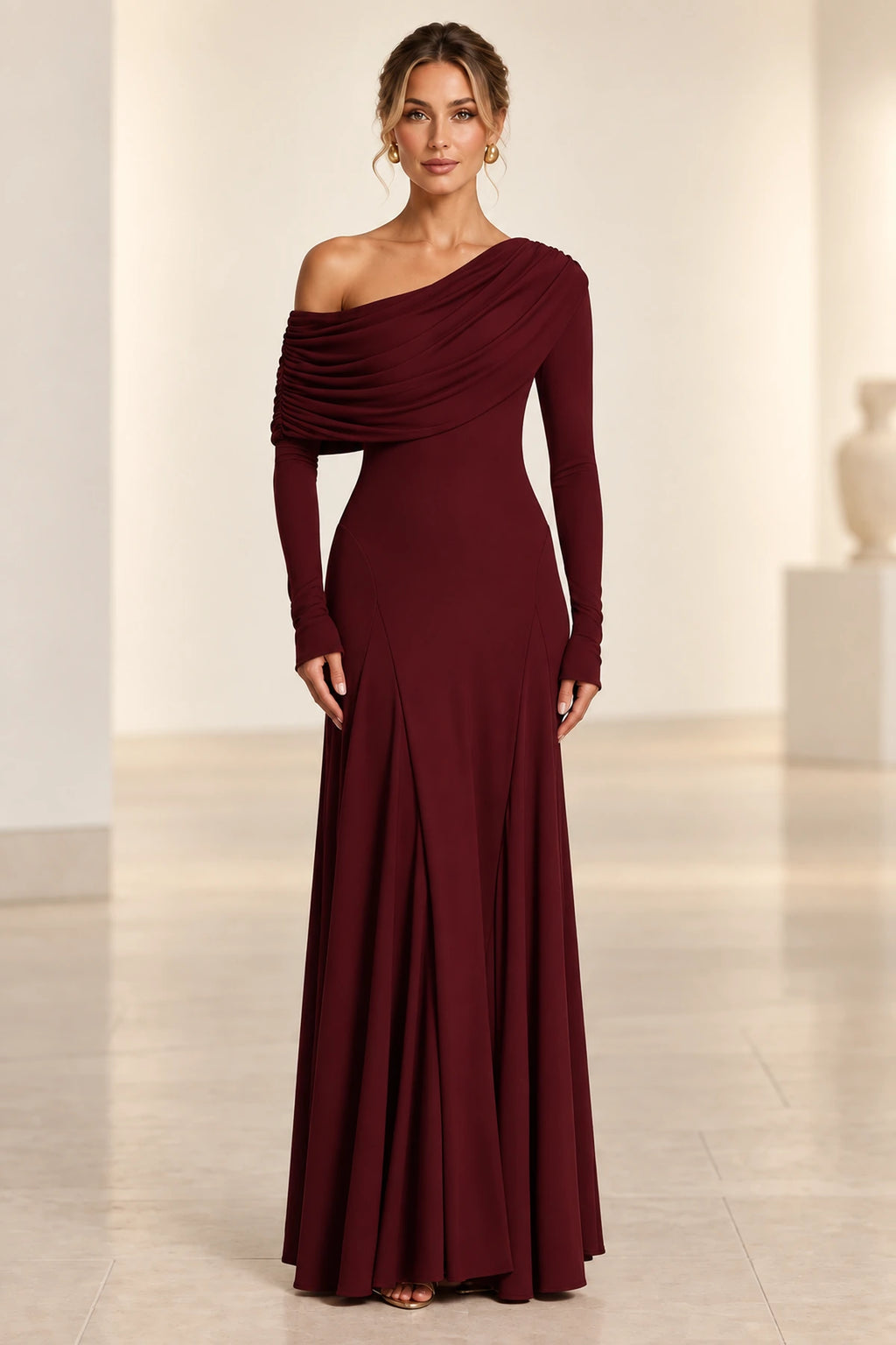 Elegant A-Line Asymmetric Neckline Long-Sleeve Draped-Back Floor-Length Blush Bridesmaid Dress