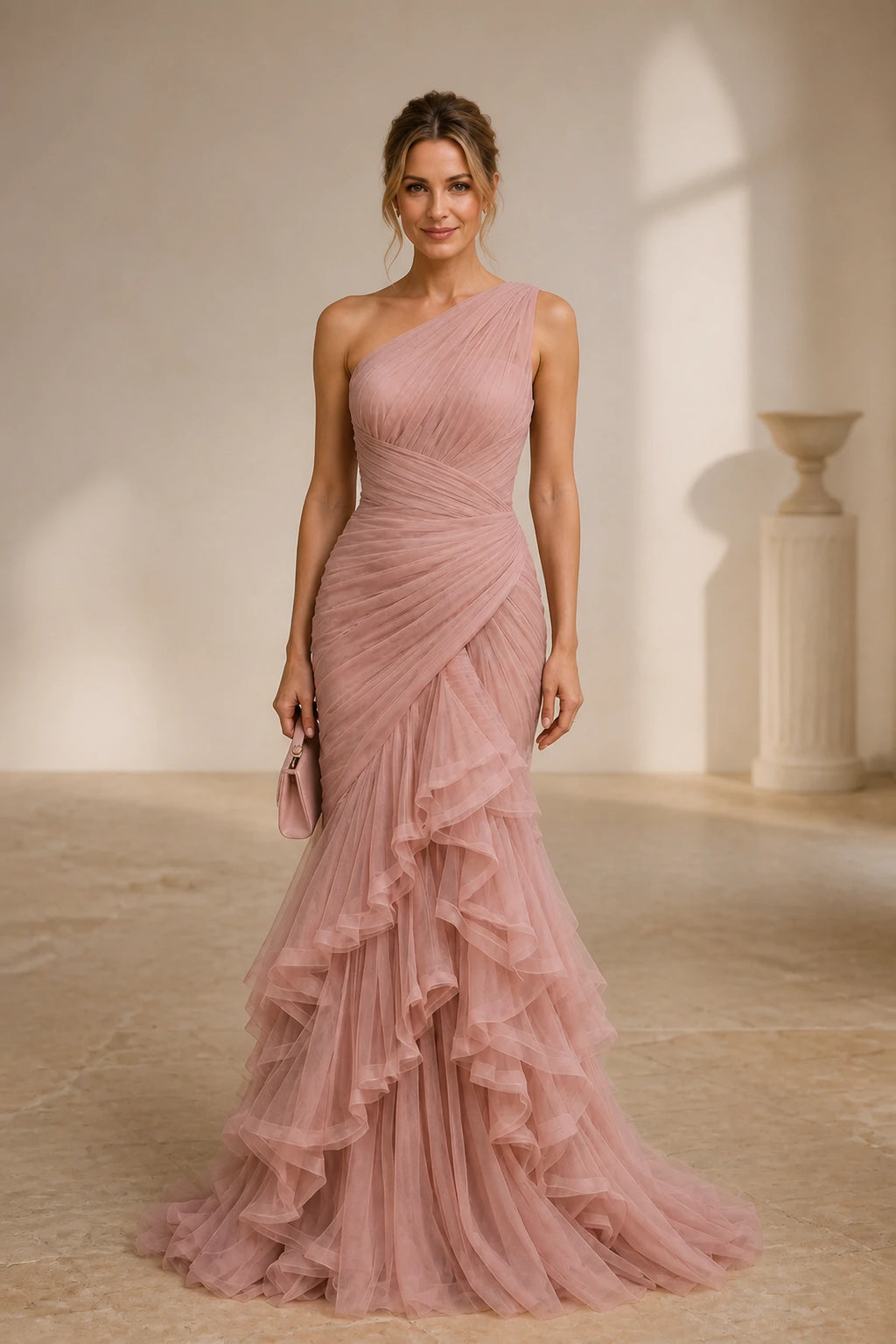 Romantic Mermaid One-Shoulder Sleeveless Asymmetrical-Back Floor-Length Tulle Bridesmaid Dress