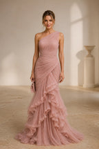 Romantic Mermaid One-Shoulder Sleeveless Asymmetrical-Back Floor-Length Tulle Bridesmaid Dress