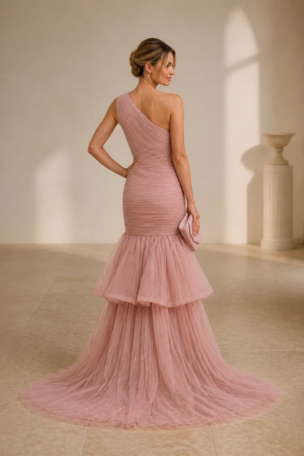 Romantic Mermaid One-Shoulder Sleeveless Asymmetrical-Back Floor-Length Tulle Bridesmaid Dress