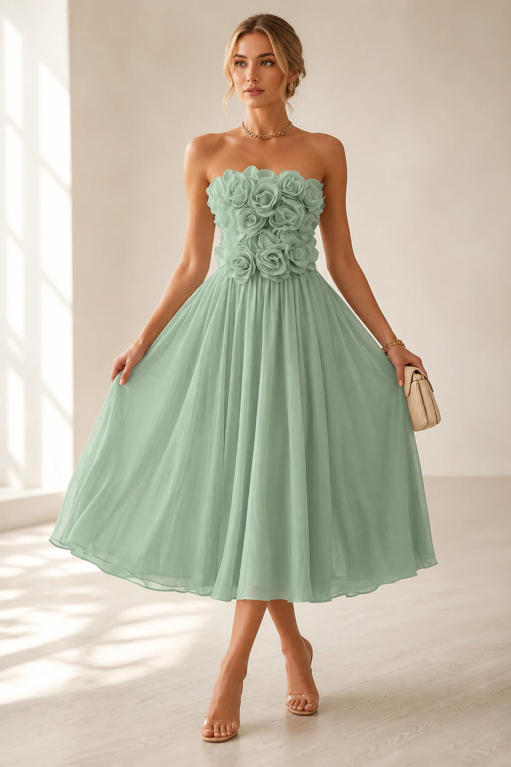 Romantic A-Line Straight Neck Strapless Floral Back Midi Wedding Guest Dress