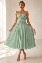 Romantic A-Line Straight Neck Strapless Floral Back Midi Wedding Guest Dress