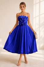 Romantic A-Line Straight Neck Strapless Floral Back Midi Wedding Guest Dress