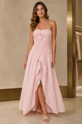 Blush pink strapless floor-length prom dress with ruched bodice and 3D floral appliques