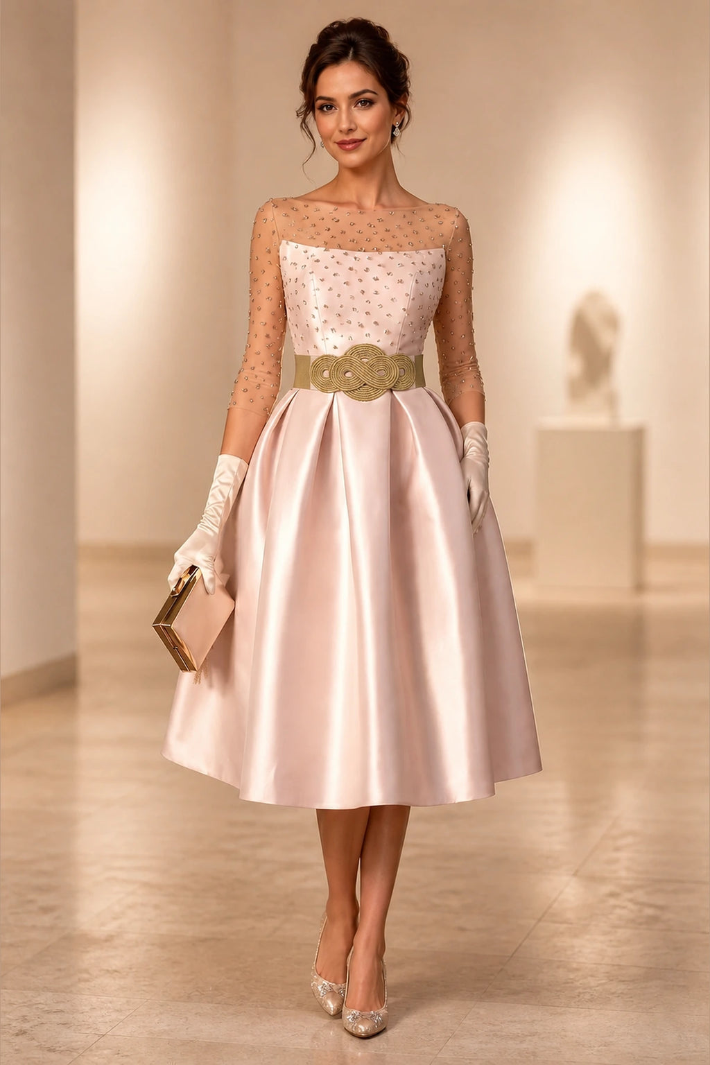 GraceProm blush pink A-line midi wedding guest dress with embellished sheer sleeves and gold waist detail