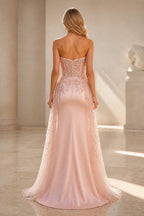 Back view of blush pink wedding guest dress with strapless zipper back, beaded detailing and floor-length sheer overlay