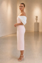 Blush pink sheath midi wedding guest dress with white statement bow sleeves by GraceProm