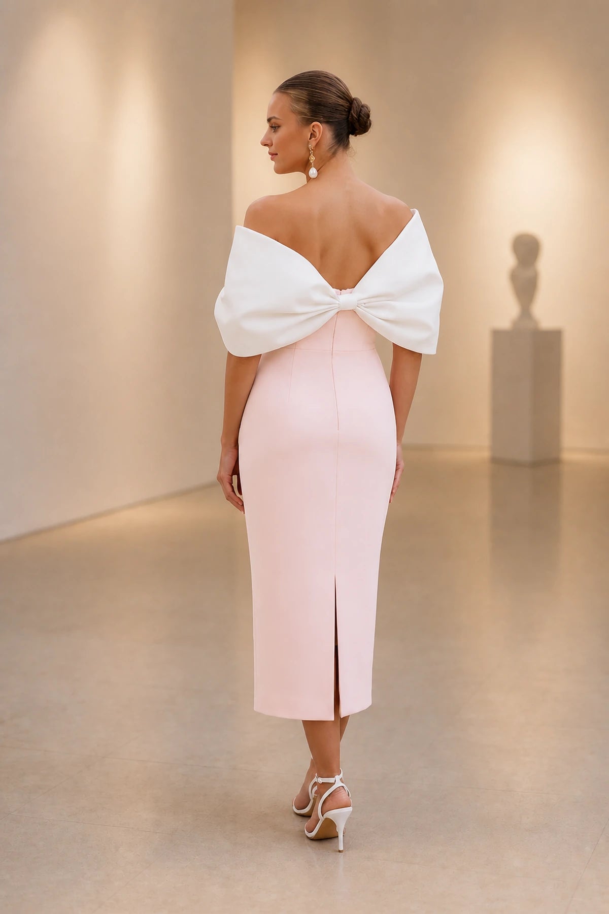 Refined Sheath Straight Neck Bow Sleeve Midi Wedding Guest Dress