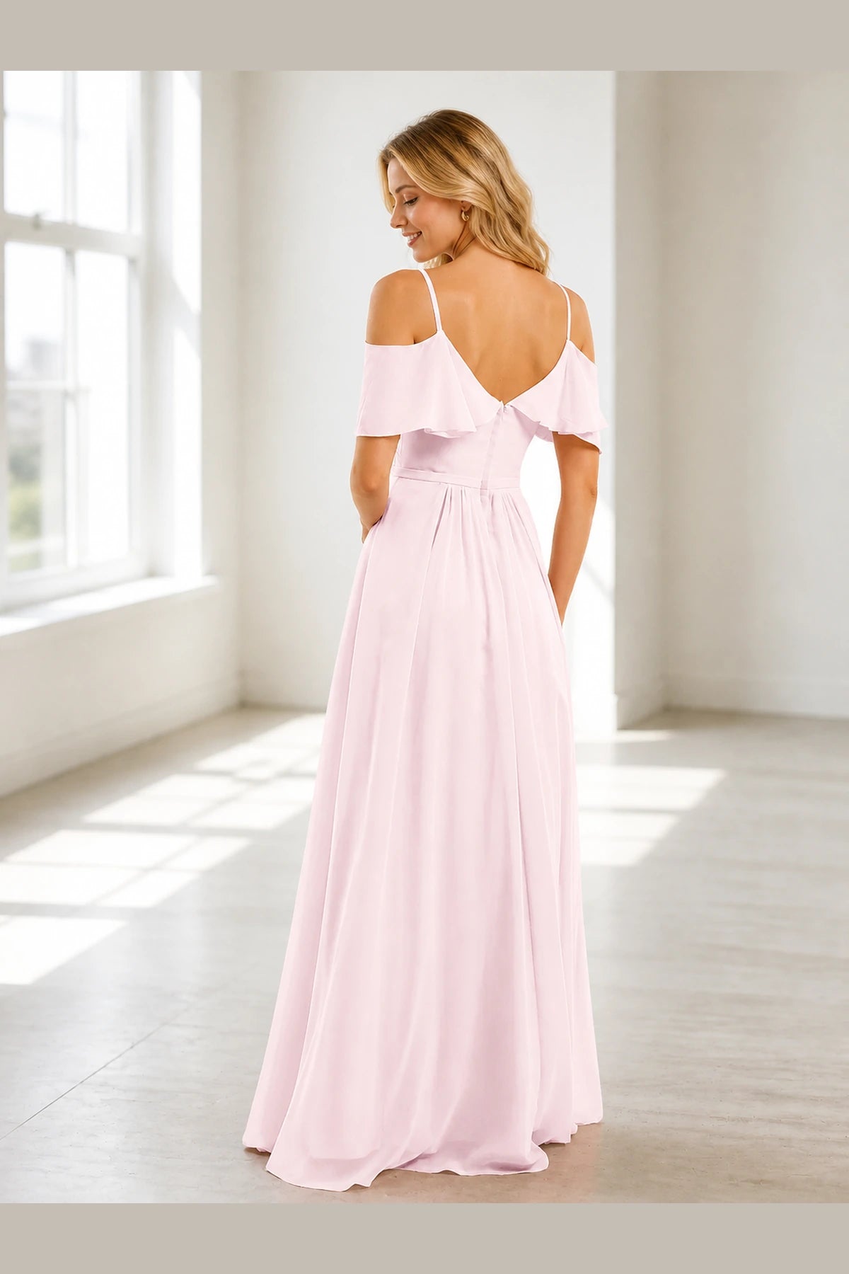 Vedress blush pink prom dress with V-back slim straps cold shoulder ruffles and floor-length A-line skirt back view