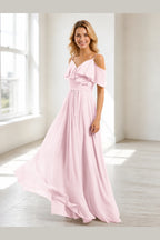 Romantic A-Line V-Neck Cold Shoulder V-Back Floor-Length Prom Dress