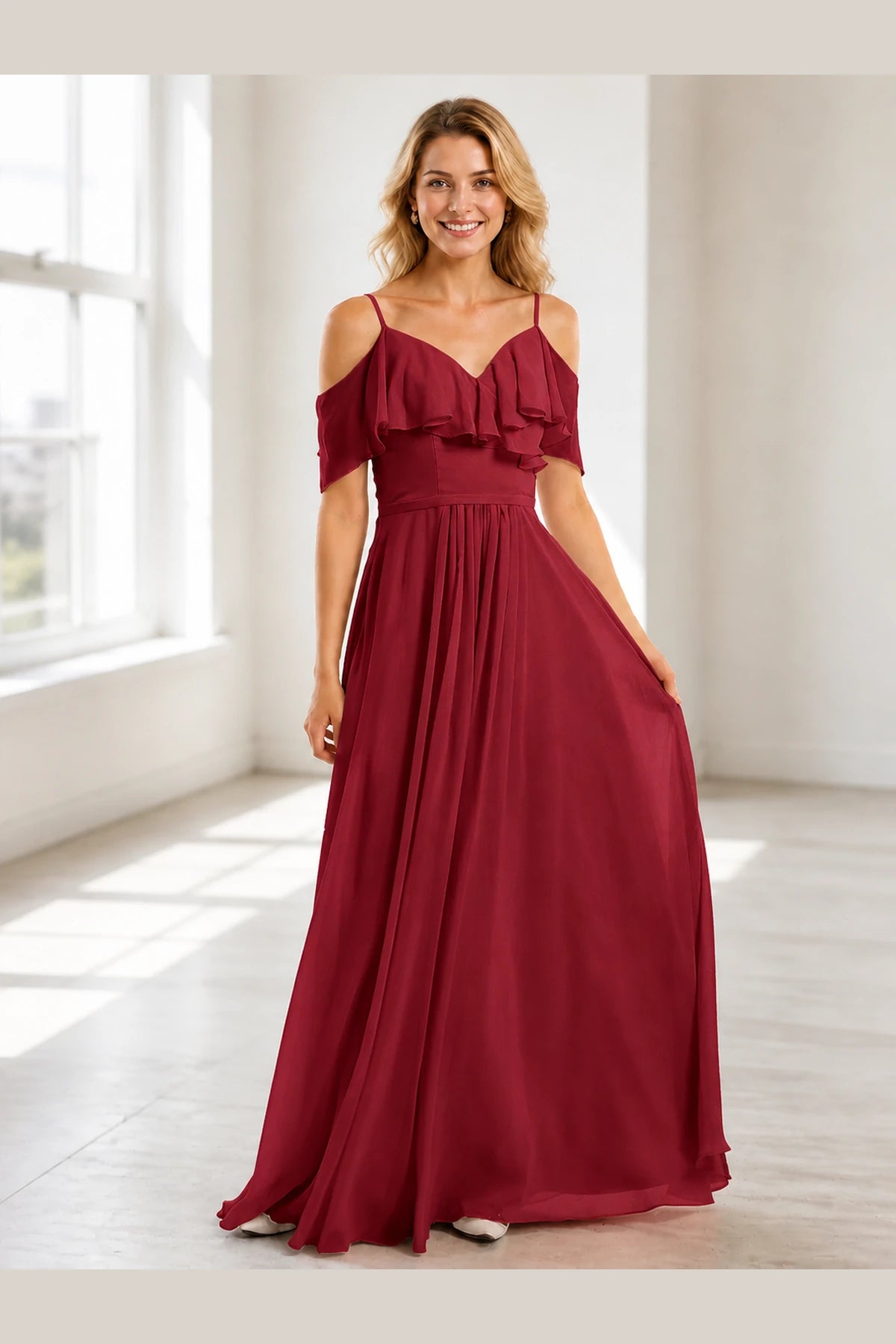 Romantic A-Line V-Neck Cold Shoulder V-Back Floor-Length Prom Dress