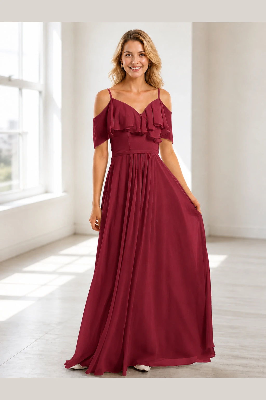 Romantic A-Line V-Neck Cold Shoulder V-Back Floor-Length Prom Dress