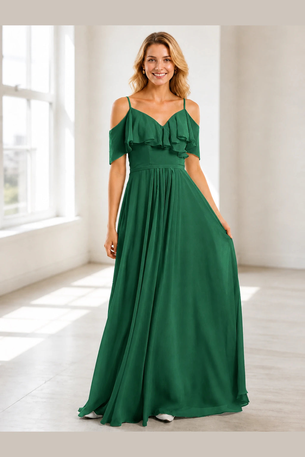 Romantic A-Line V-Neck Cold Shoulder V-Back Floor-Length Prom Dress