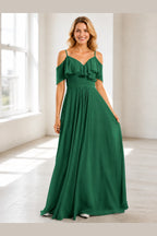 Romantic A-Line V-Neck Cold Shoulder V-Back Floor-Length Prom Dress