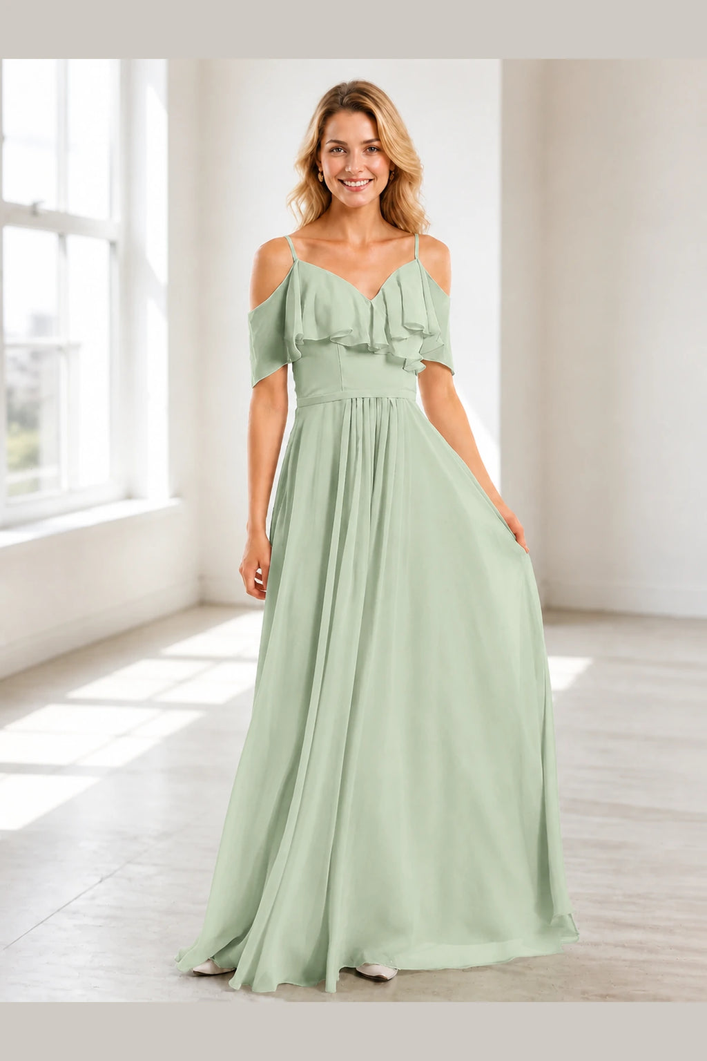 Romantic A-Line V-Neck Cold Shoulder V-Back Floor-Length Prom Dress