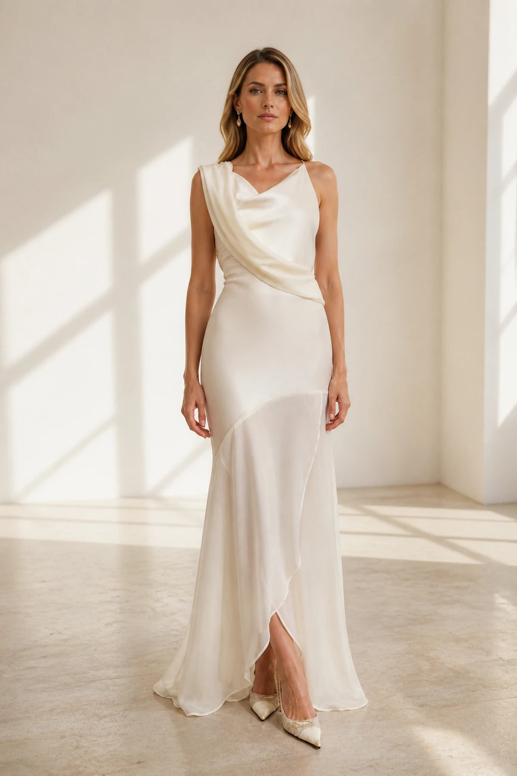 Romantic Sheath Cowl Neck Sleeveless Cross Back Floor Length Wedding Guest Dress