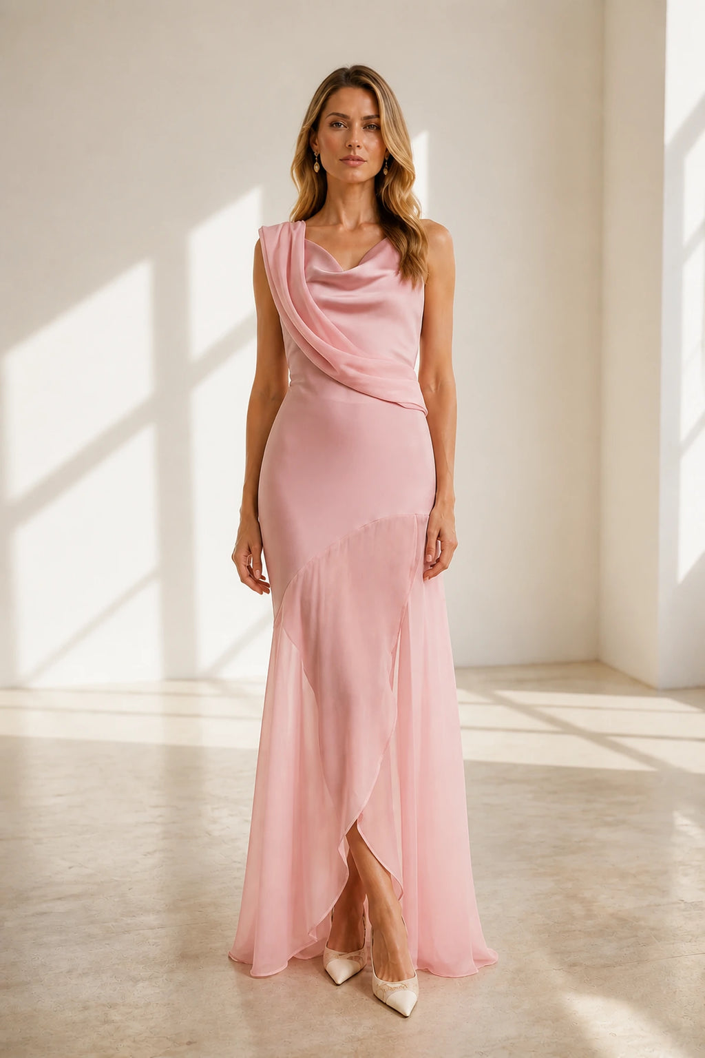GraceProm blush pink wedding guest dress with cowl neckline draped shoulder detail and floor length skirt