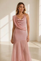 Romantic Sheath Cowl Neck Sleeveless Cross Back Floor Length Wedding Guest Dress