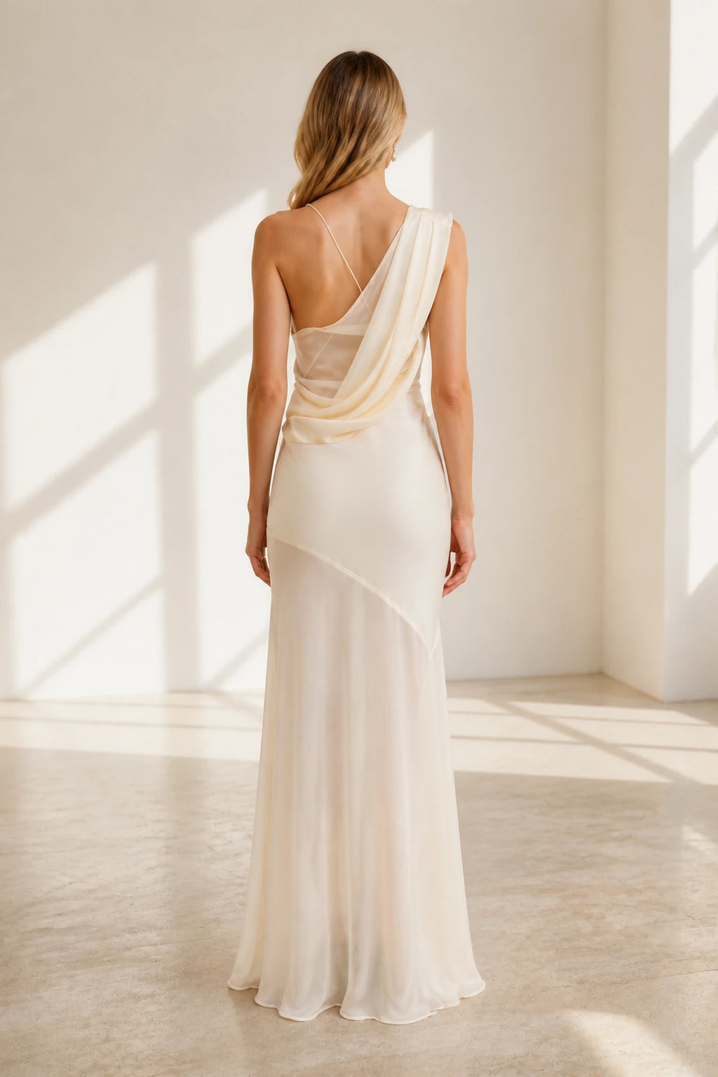 Romantic Sheath Cowl Neck Sleeveless Cross Back Floor Length Wedding Guest Dress